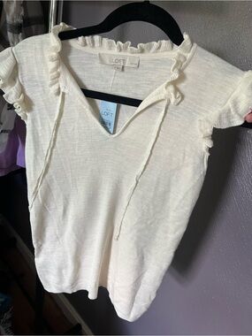 NWT LOFT Cream Ruffle-Trim Tie Neck Short Sleeve Top